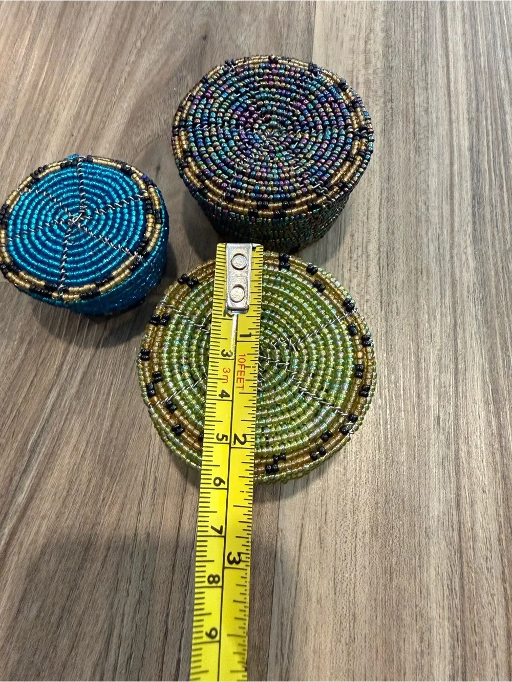 Handwoven Beaded Round Storage Boxes Set - Blue, Green & Multicolor